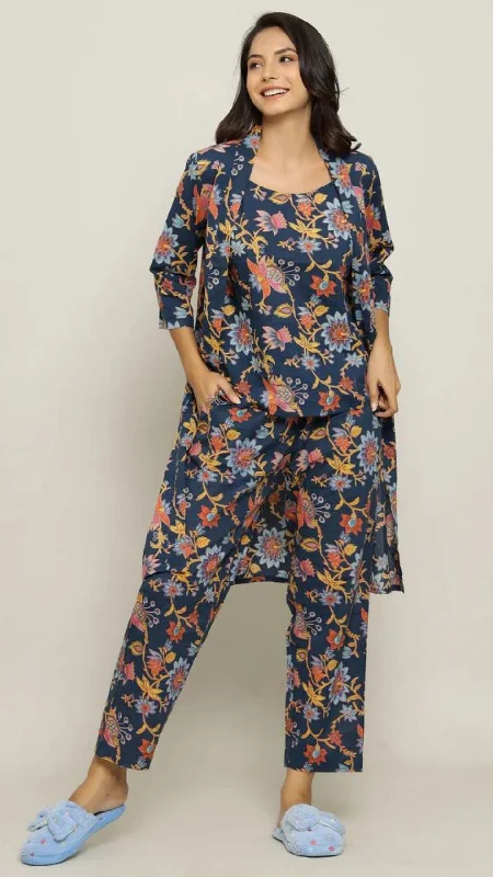 Blue Cotton Printed 3 PEICE Night Suit Set with Payjama