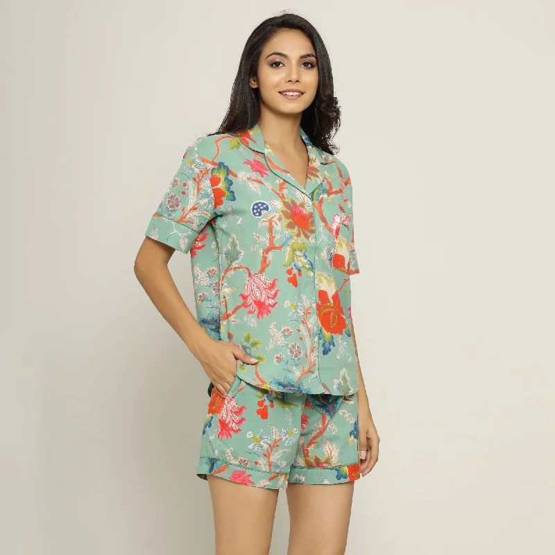 Green Cotton Printed Night Suit Set