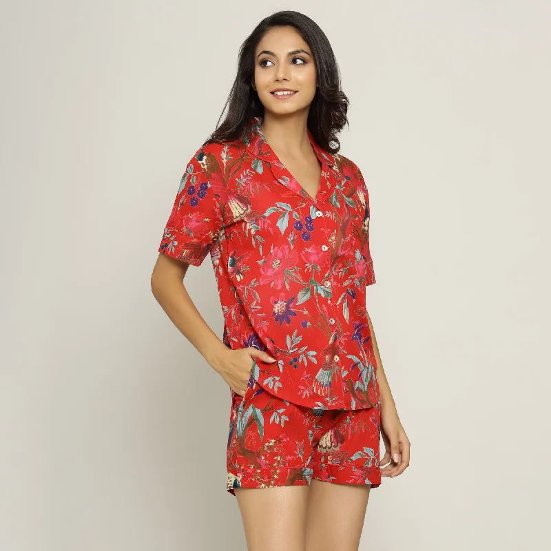 Red Cotton Printed Night Suit Set