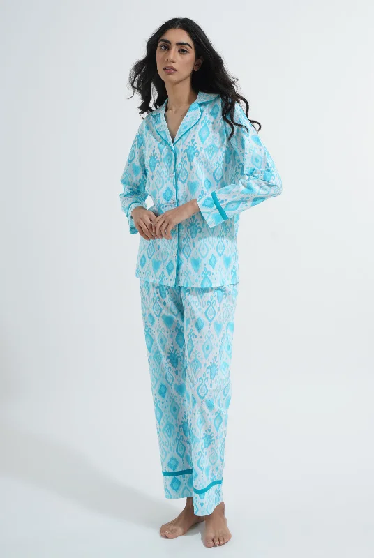 Rhea Night Suit Sky Blue and White