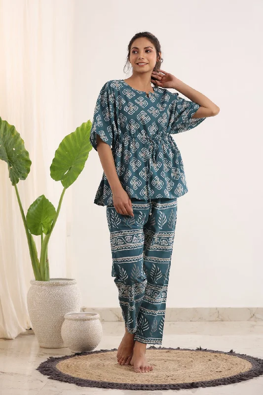 Teal & White Printed Kaftan Set