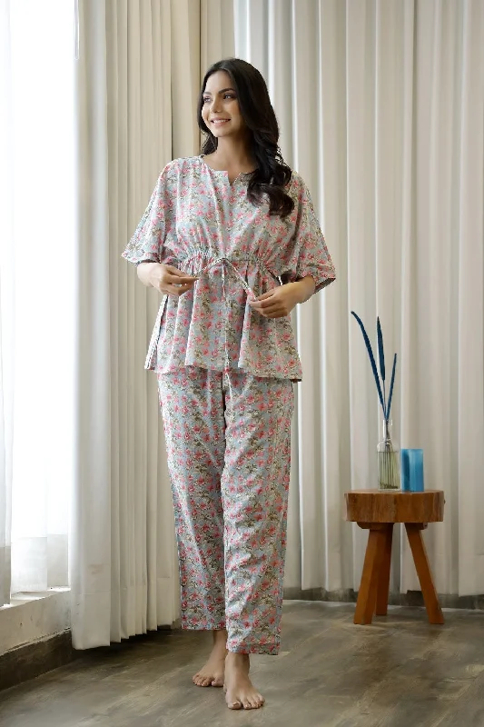 Women Light Blue & Pink Floral Printed Cotton Kaftan With Pyjama