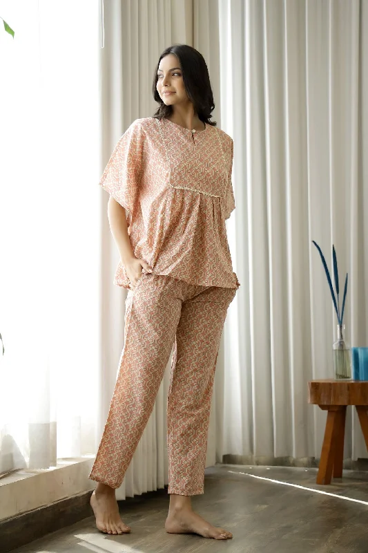 Women Pink & Cream-Coloured Printed Indo Western Kaftan Pyjama Set