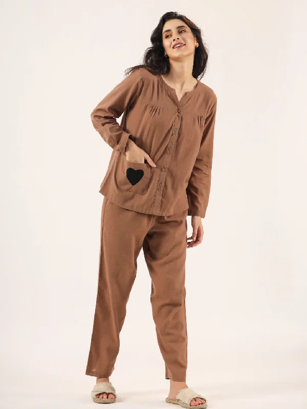 Brown solid Cotton Night SUIT