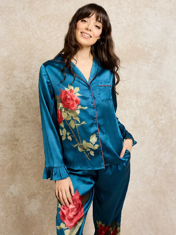 Womens Satin Frill Pyjamas Placement Print Rose