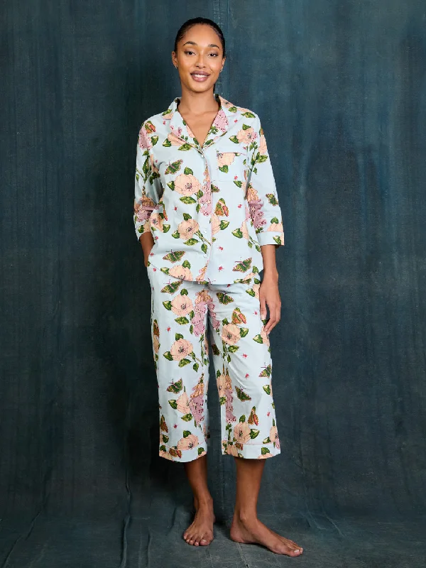 Womens Cotton Long Sleeve Capri Pyjamas Blue Dogwood Rose