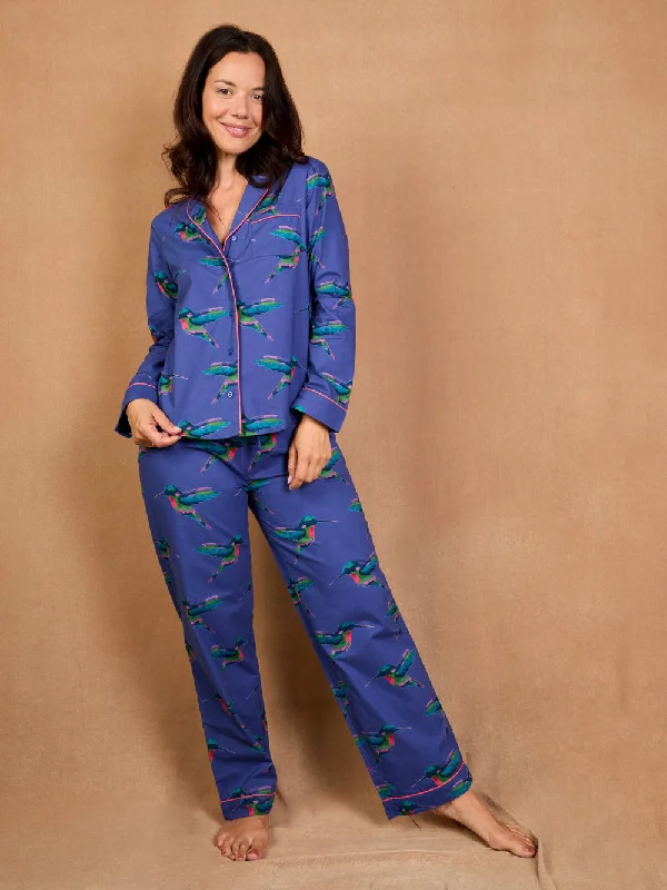 Womens Cotton Traditional Pyjamas Navy Hummingbird