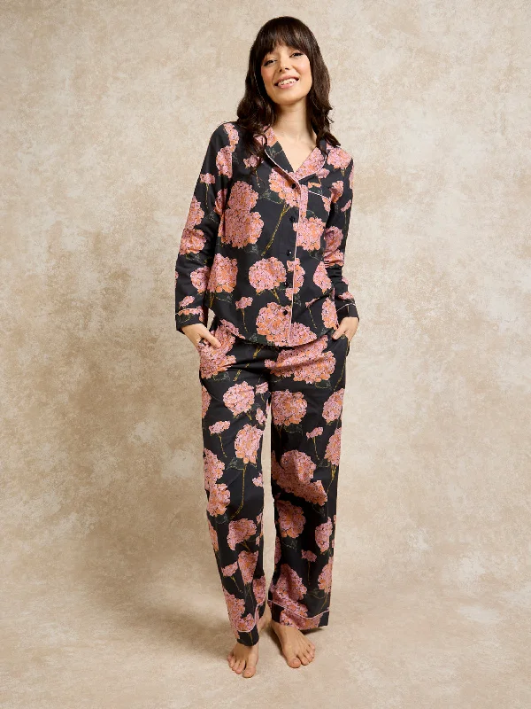 Womens Cotton Traditional Pyjamas Pink Hydrangea