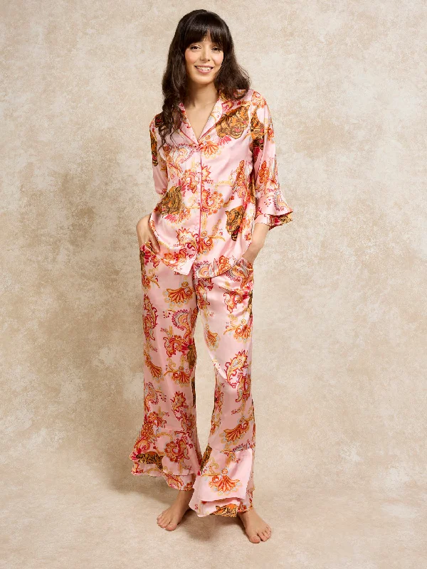 Womens Satin Fluted Sleeve Long Leg Pyjamas Pink Wild Paisley