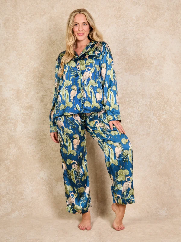 Womens Satin Traditional Pyjamas Blue Morning Marshes