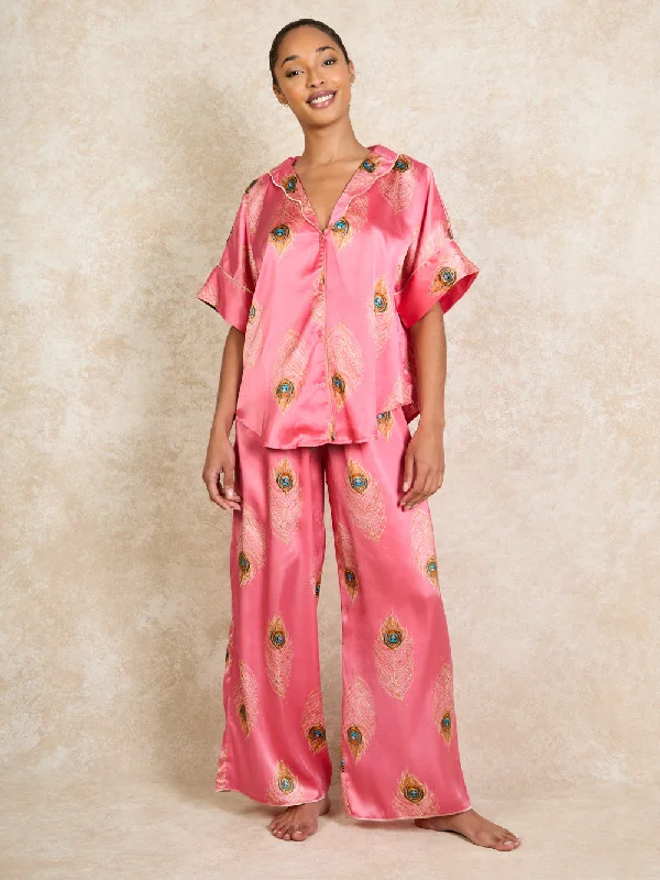 Womens Satin Oversize Scallop Pyjamas Gold Peacock Feather