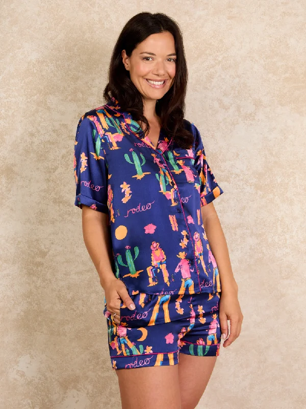 Womens Satin Shortie Pyjamas Navy Neon Cowboy