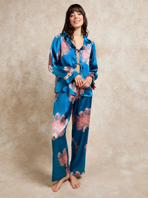 Womens Satin Tie-Front Pyjamas Ostrich Feather