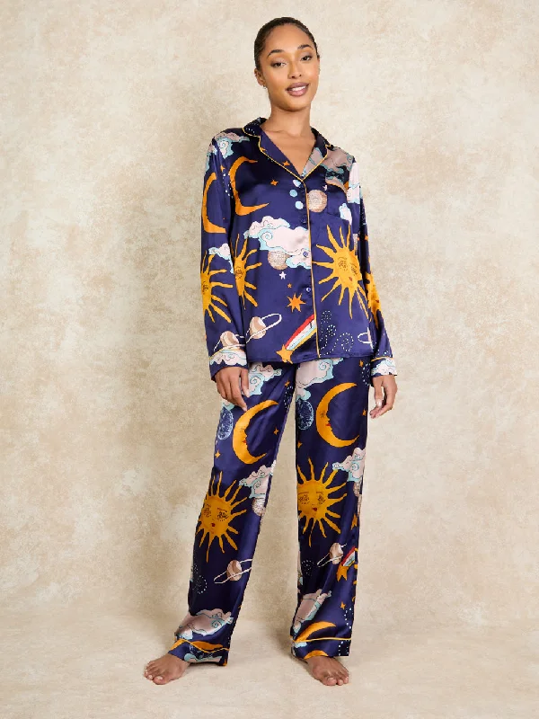 Womens Satin Traditional Pyjamas Disco Space