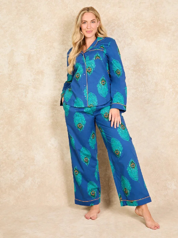 Womens Traditional Cotton Pyjamas Navy Peacock Feather