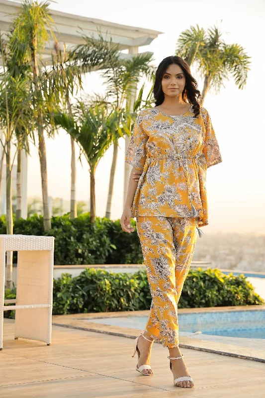 Yellow Cotton Printed Kaftan and Pajama Set